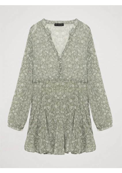 00012 Çiçek Desenli Fırfırlı Şifon Elbise Mint