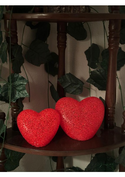 LED Işıklı Kırmızı Kalp Gece Lambası Buzlu Cam Dokusu Kristalize Yüzey Romantik Hediye