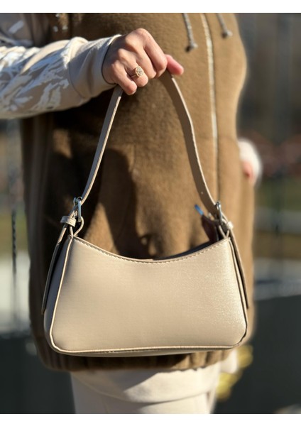 Açık Vizon Kadın Baget Ayarlanabilir Askılı Şık El ve Omuz Çantası