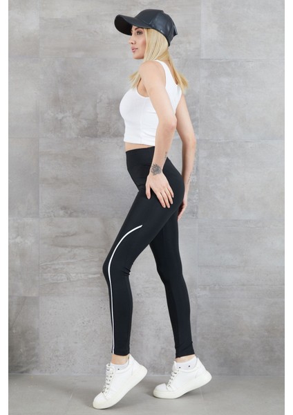 Ince Şeritli Yüksek Bel Toparlayıcı Tayt %100 Pamuk Siyah Pantolon modelleri