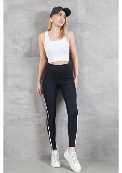 Ince Şeritli Yüksek Bel Toparlayıcı Tayt %100 Pamuk Siyah Pantolon fırsatları