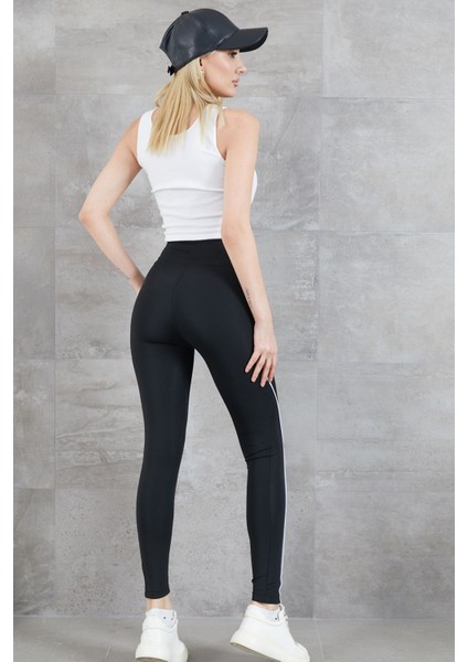 Ince Şeritli Yüksek Bel Toparlayıcı Tayt %100 Pamuk Siyah Pantolon indirimleri