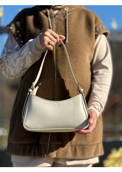 Krem Kadın Baget Ayarlanabilir Askılı Şık El ve Omuz Çantası