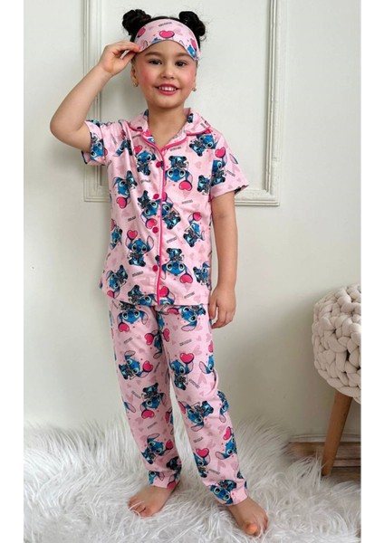 Pjkö Stitch Desenli Pembe Kısa Kollu Önden Düğmeli Kız Çocuk Pijama Takımı 4-12 Yaş 719K