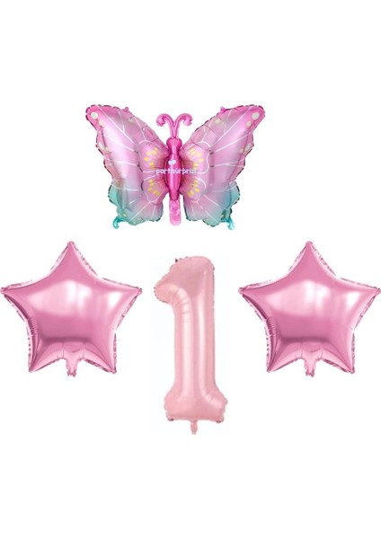 Pembe Kelebekli 1 Yaş Folyo Balon Set