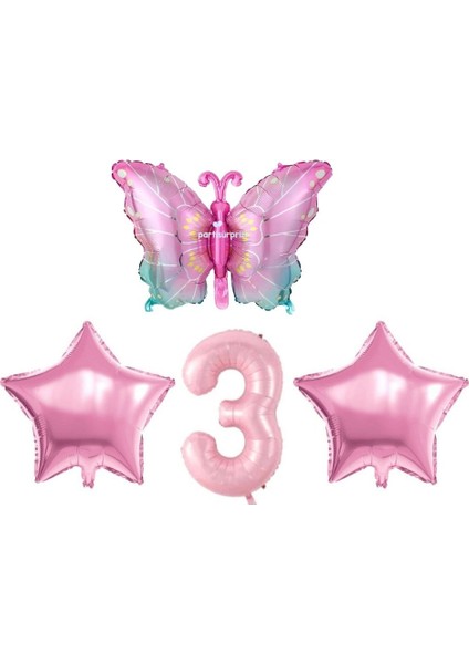 Pembe Kelebekli 3 Yaş Folyo Balon Set