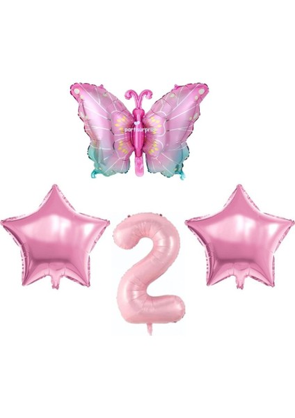 Pembe Kelebekli 2 Yaş Folyo Balon Set