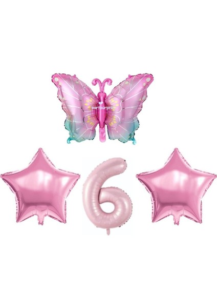 Pembe Kelebekli 6 Yaş Folyo Balon Set