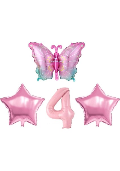Pembe Kelebekli 4 Yaş Folyo Balon Set