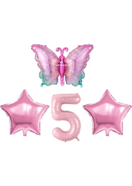 Pembe Kelebekli 5 Yaş Folyo Balon Set