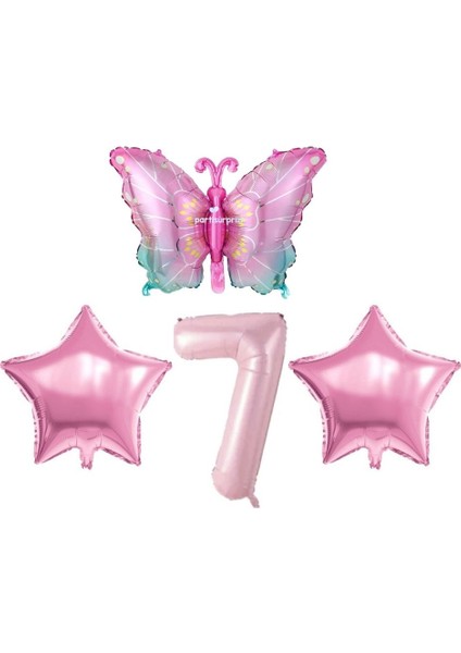 Pembe Kelebekli 7 Yaş Folyo Balon Set