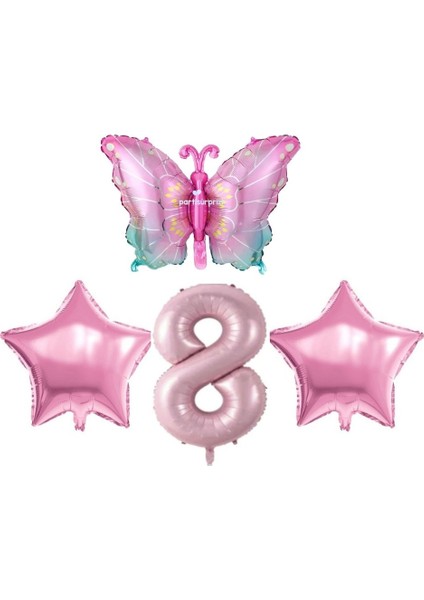 Pembe Kelebekli 8 Yaş Folyo Balon Set