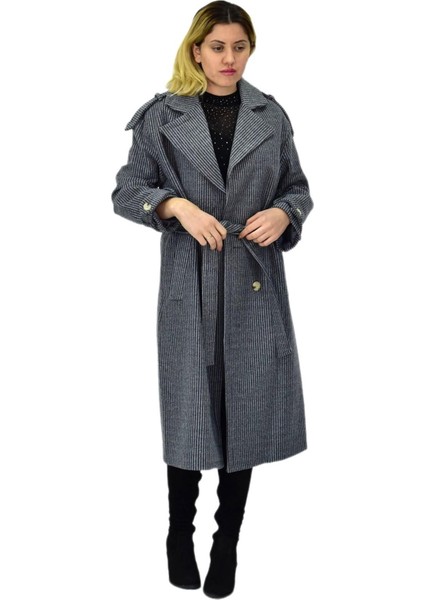Kadın Çizgili Uzun Kaşe Kaban BGL-ST04118