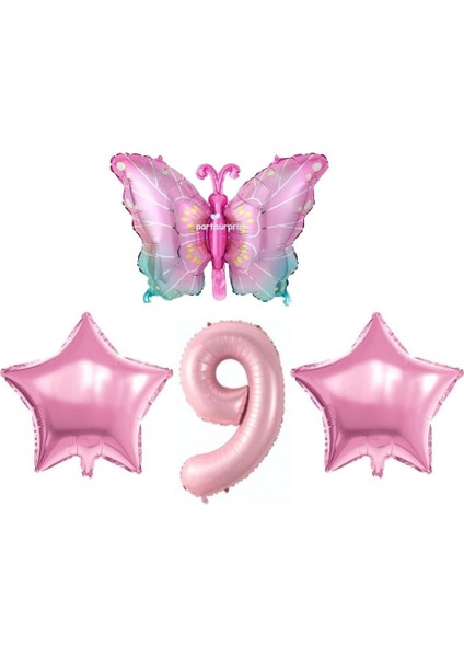 Pembe Kelebekli 9 Yaş Folyo Balon Set