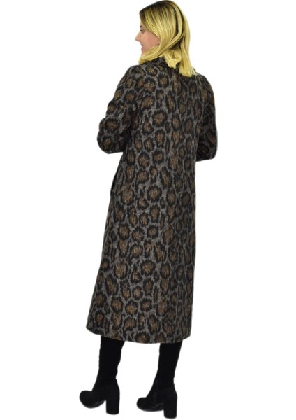Kadın Leopar Desenli Uzun Kaşe Kaban BGL-ST04114