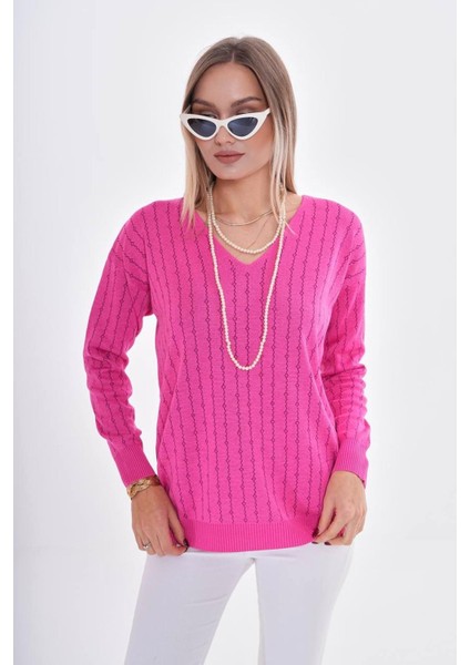 Kadın V Yaka Simli Kazak 12799 BGL-ST04107