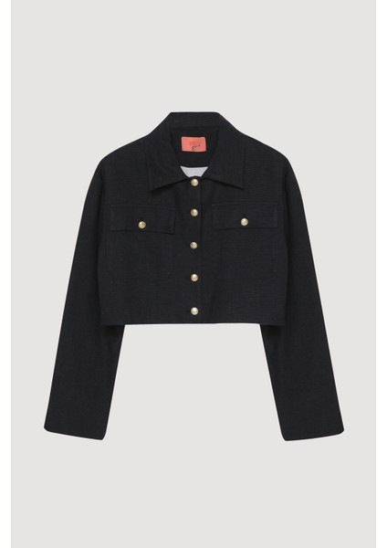 Büyük Cepli Düğmeli Kısa Ceket Lacivert