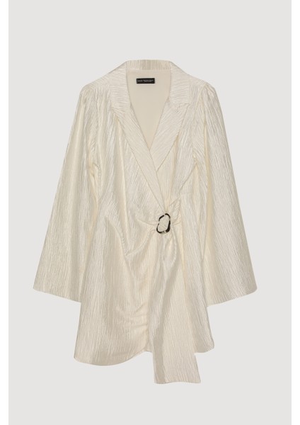 Kruvaze Bağlamalı Dokulu Mini Elbise Ekru