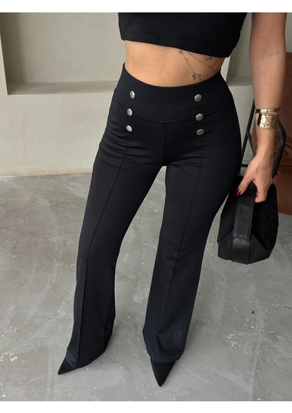 Düğme Detaylı Bol Paça Siyah Pantolon