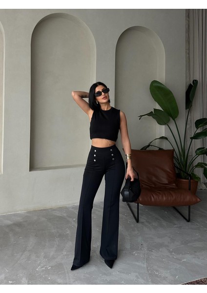 Düğme Detaylı Bol Paça Siyah Pantolon fiyatları