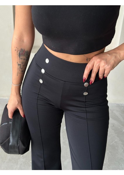 Düğme Detaylı Bol Paça Siyah Pantolon modelleri