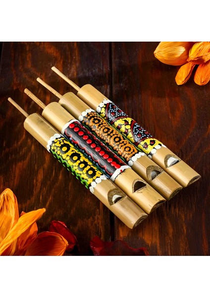 Bambu Kuş Dili Düdük Batik Desenli Özel Aborjin Tasarım El Yapımı Doğal Ahşap Etnik Sanat Dekoratif Enstrüman