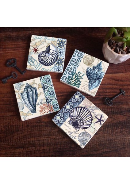Deniz Kabuğu Taş Bardak Altlığı Seti - 4 Parça - Dekoratif, Rustik Mutfak ı, 10X10 Cm, Kaydırmaz Tabanlı, Şık ve Dayanıklı SC112