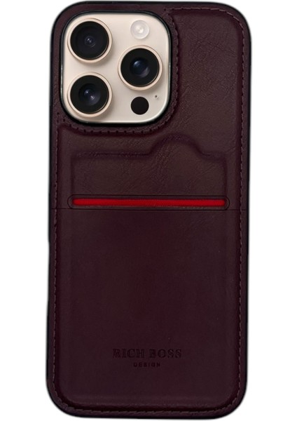 Apple iPhone 16 Pro Max Kartlıklı Rich Boss Deri Kılıf Koyu Kırmızı