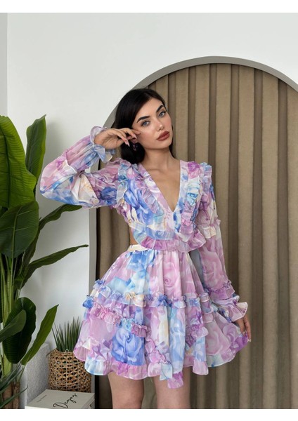 Tasarım Sırt Dekolteli Çiçek Desenli Şifon Elbise fiyatları