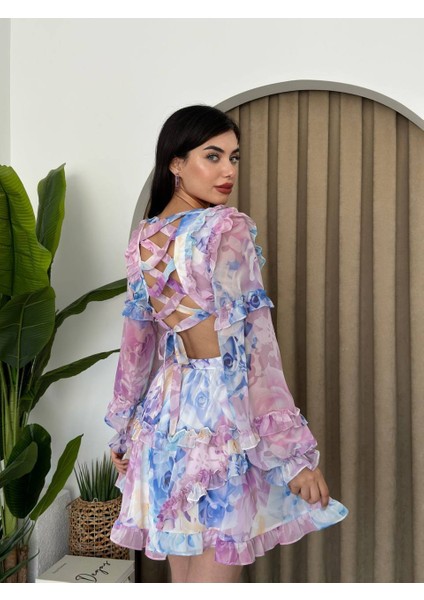 Tasarım Sırt Dekolteli Çiçek Desenli Şifon Elbise modelleri