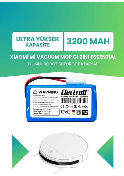 Xiaomi Vacuum Mop G1 2in1 Essential Batarya (ULTRA YÜKSEK KAPASİTE) 3200mah Robot Süpürge Pili MJSTG1