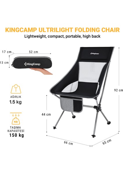 King Camp Kingcamp Canna High Back Ultralight Katlanır Kamp Sandalyesi Black modelleri