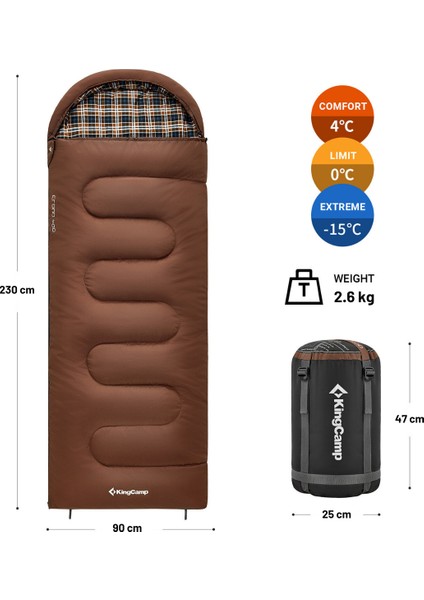 Kingcamp Cloud 400 Ultra -15°c Geniş Uyku Tulumu Coffee Sağ F.