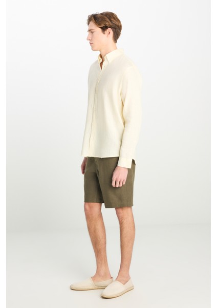 Regular Fit Normal Kesim Sarı Keten Gömlek modelleri