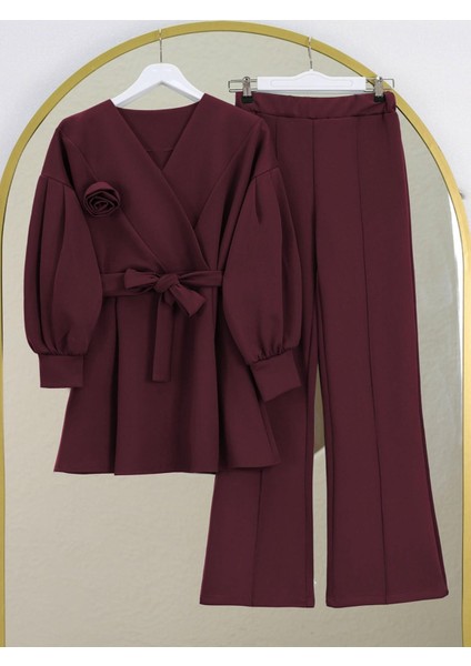 Beli Kuşaklı Çapraz Yaka Balon Kol Takım Duble Kumaş