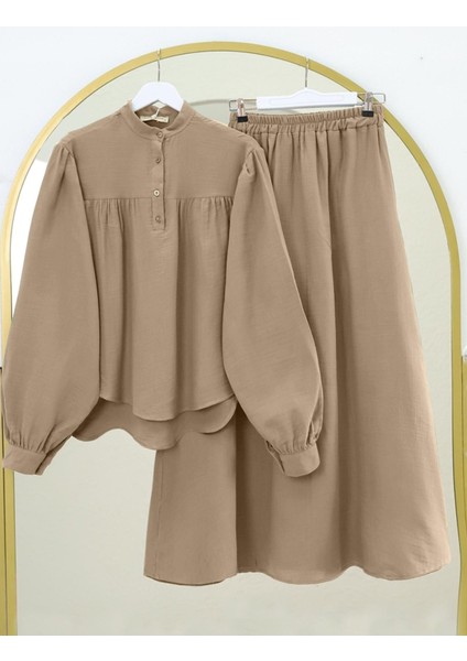 Oval Kesim Dik Yaka Bluz Etek Müslin Takım
