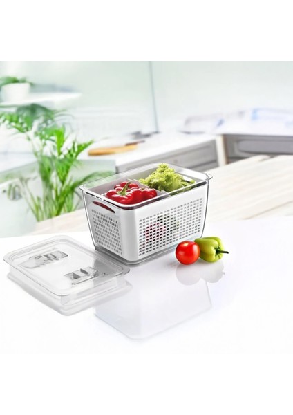 5 Litre Süzgeçli Bölmeli Organizer Buzdolabı Hava Geçirmez Saklama Kabı