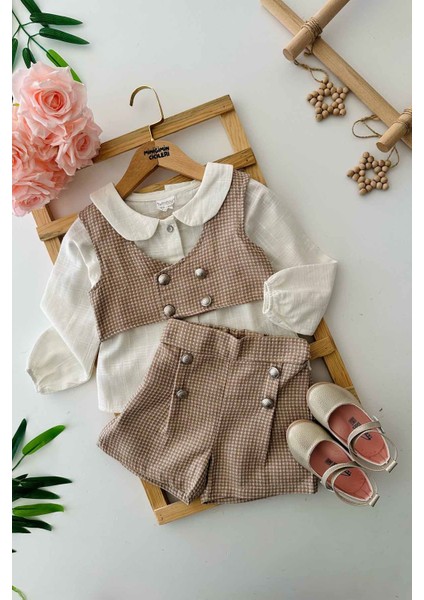 Düğmeli Cepkenli Şortlu Kız Çocuk 3 lü takım - Vizon