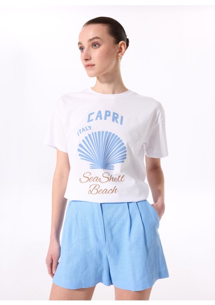 Bisiklet Yaka Baskılı Beyaz Kadın T-Shirt F5SL-TST0468