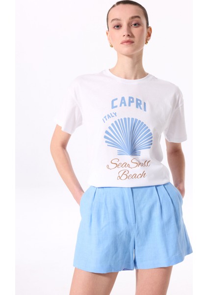Bisiklet Yaka Baskılı Beyaz Kadın T-Shirt F5SL-TST0468 modelleri