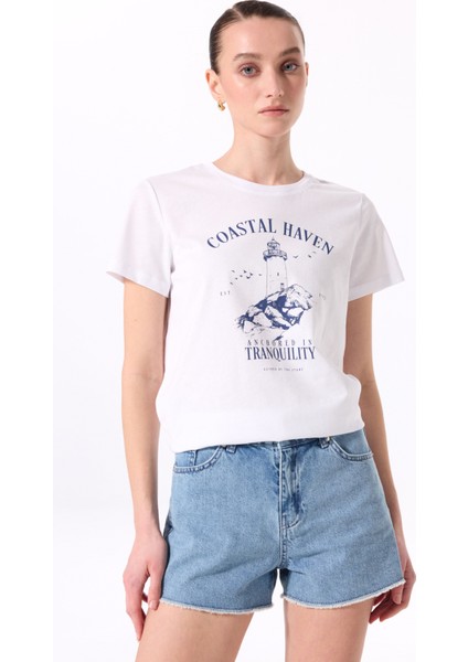 Bisiklet Yaka Baskılı Beyaz Kadın T-Shirt F5SL-TST0444