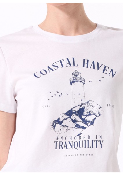 Bisiklet Yaka Baskılı Beyaz Kadın T-Shirt F5SL-TST0444 fırsatları