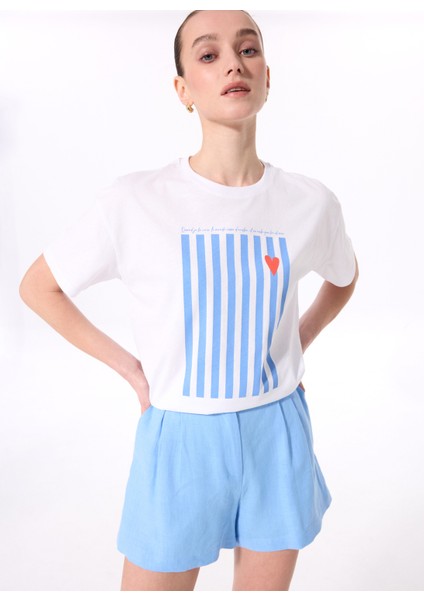 Bisiklet Yaka Baskılı Beyaz Kadın T-Shirt F5SL-TST0427