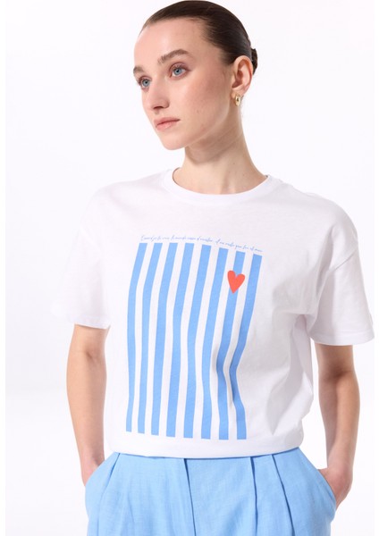 Bisiklet Yaka Baskılı Beyaz Kadın T-Shirt F5SL-TST0427 fırsatları