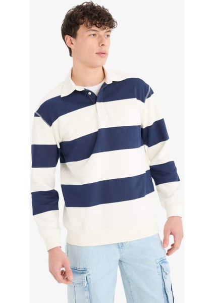 Relax Fit Polo Yaka Çizgili Kalın Sweatshirt D7478AX25SP modelleri