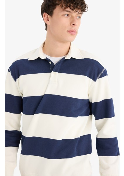 Relax Fit Polo Yaka Çizgili Kalın Sweatshirt D7478AX25SP fırsatları