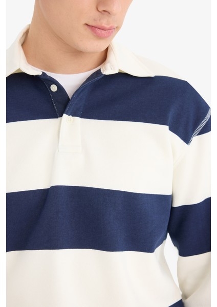 Relax Fit Polo Yaka Çizgili Kalın Sweatshirt D7478AX25SP indirimleri