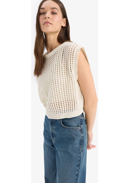 Crop Örgü Desenli Pamuklu Kroşe Triko Süveter W7879AZ25SM