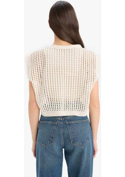Crop Örgü Desenli Pamuklu Kroşe Triko Süveter W7879AZ25SM