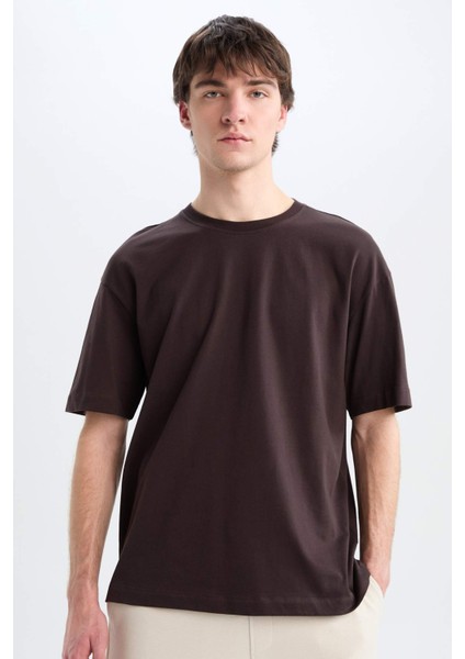 Oversize Geniş Kalıp Bisiklet Yaka Basic Düz Kısa Kollu Tişört E6885AXNS